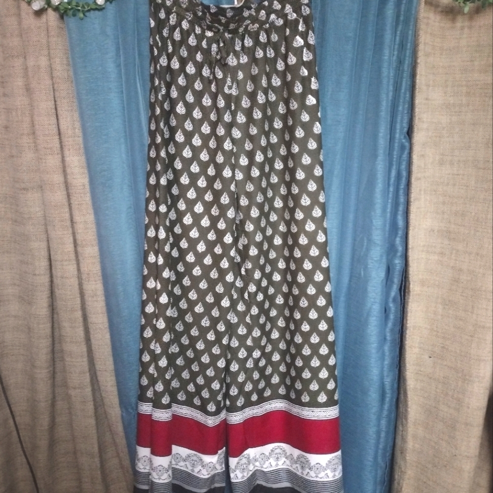 Boho Wide Leg Pants, Army Green with leaves and decorative ankle length design.